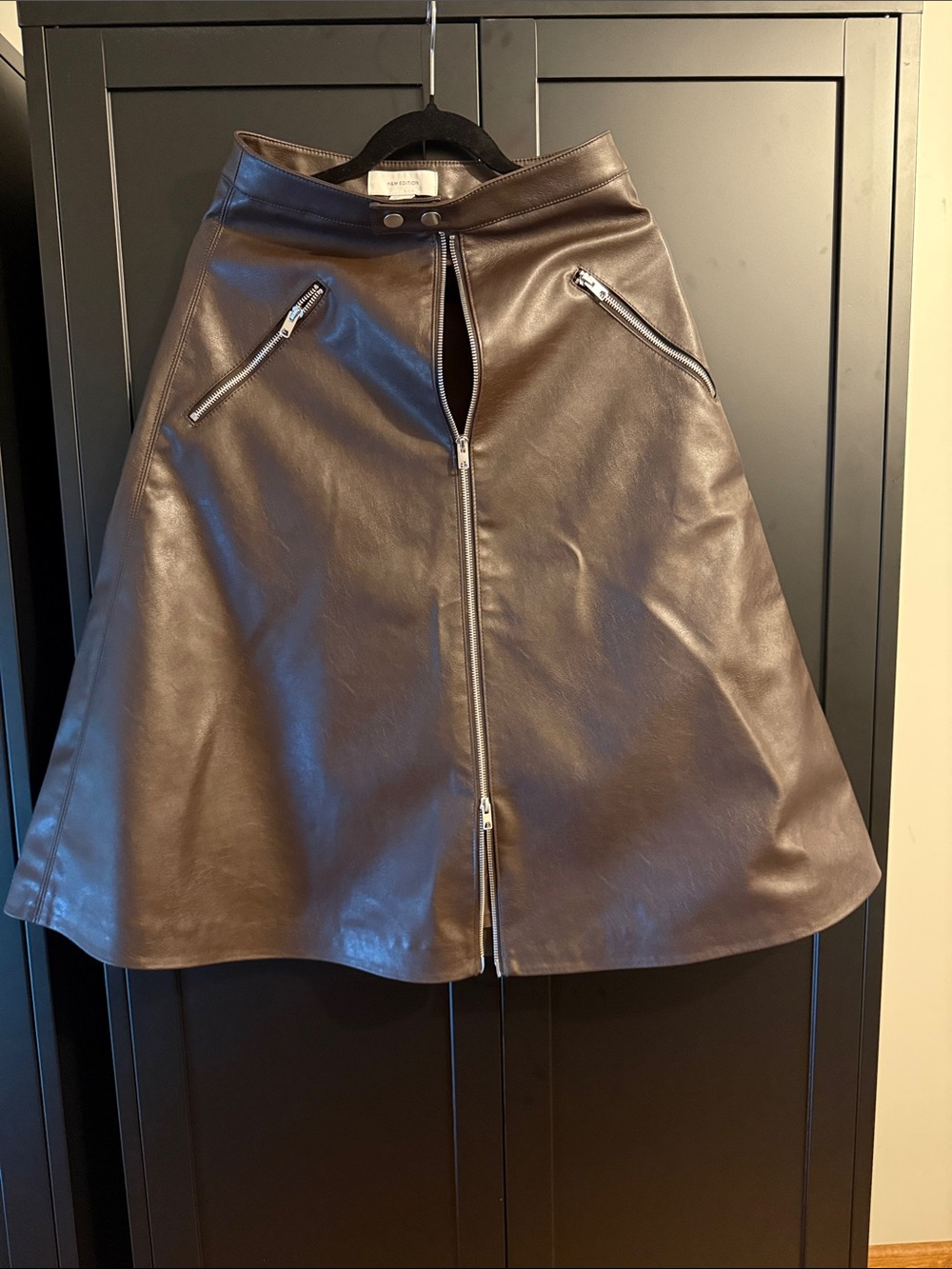 H&M Brown Faux Leather A-Line Skirt with Front Zipper